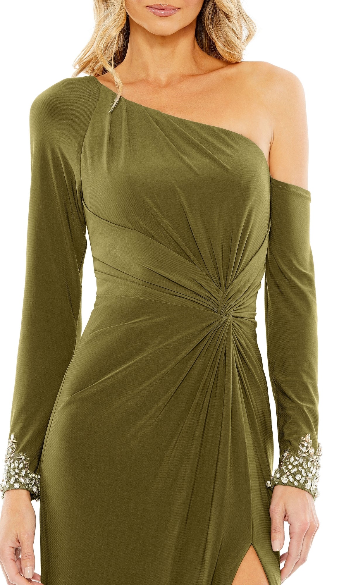 Woman wearing the Long Formal Dress 12489 by Mac Duggal—an olive green, one-shoulder gown with a gathered waist, thigh-high slit, and embellished cuffs.
